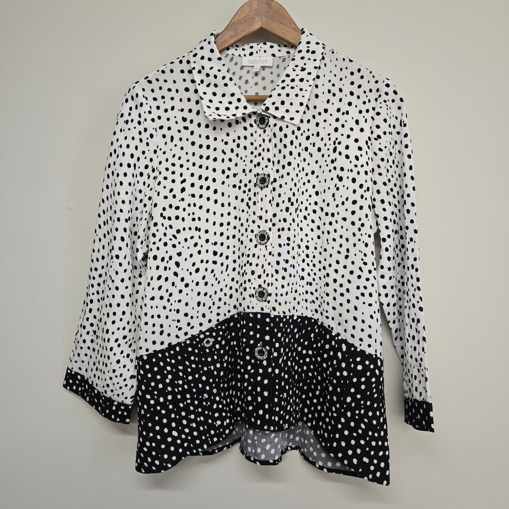 Habitat Polka Dot Shirt Womens Small White Black Colorblock Button Up Artsy